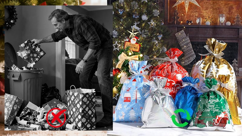 A person neatly folding and storing the reusable bags in a box labeled 'Christmas'