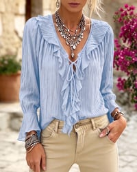 Ruffle Trim Lace-Up Long Sleeve Blouse
