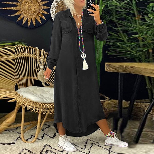 Naisten yksivärinen väri pitkähihainen rento Denim mekko