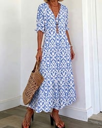 V-Neck Mid-Length Sleeve Ruffle A-Line Dress