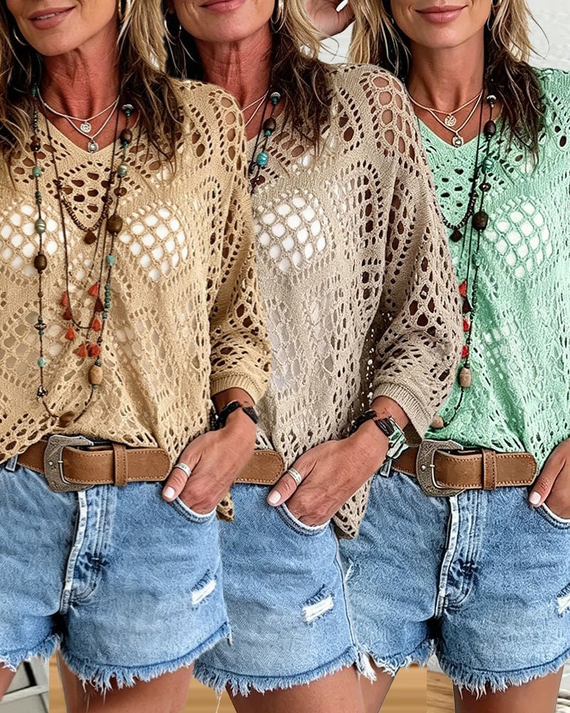 Diamond-Patterned Openwork Loose Top Set