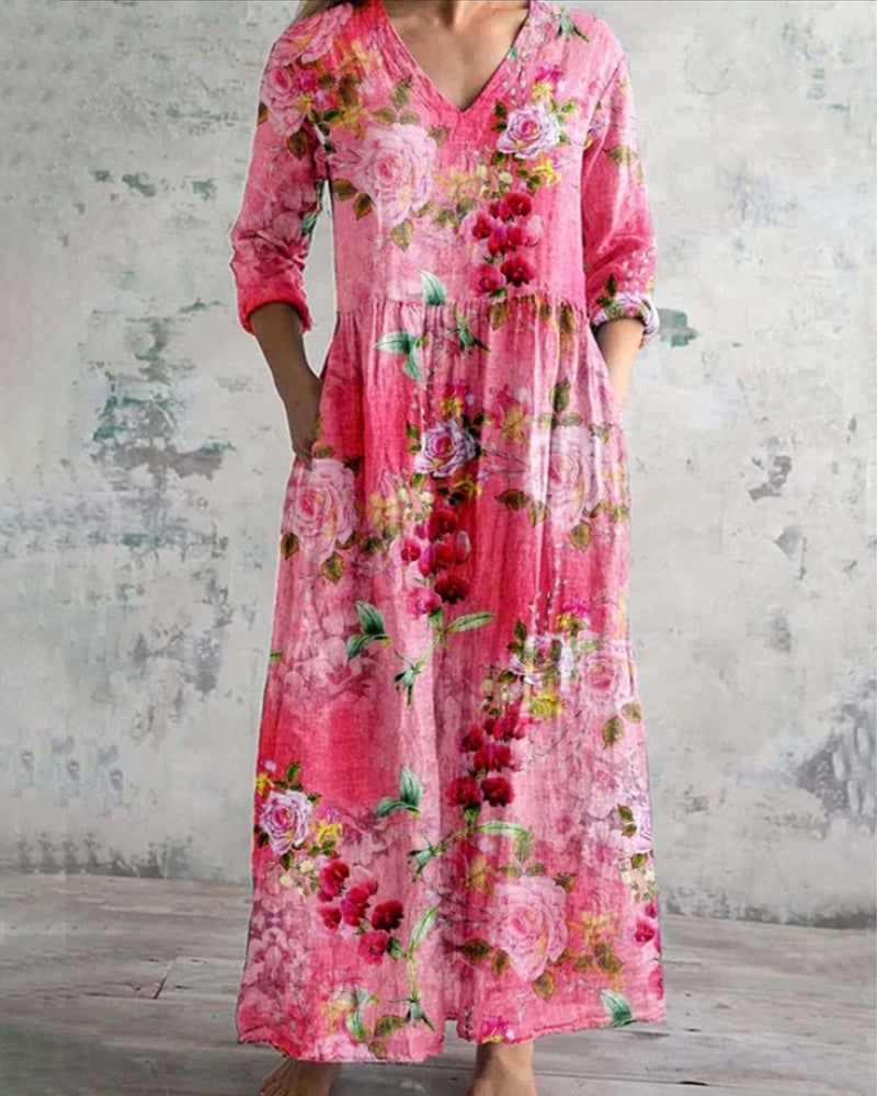 Elegant floral print V-neck pocket dress