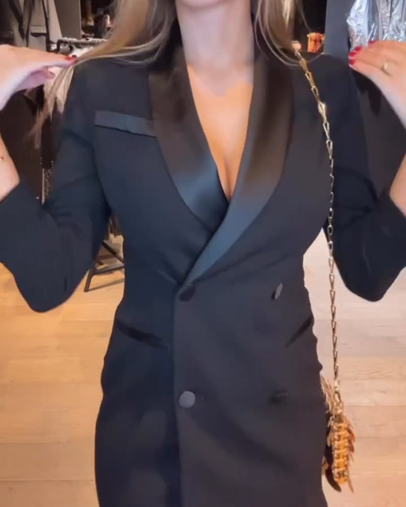 Fashion solid color lapel button slim dress