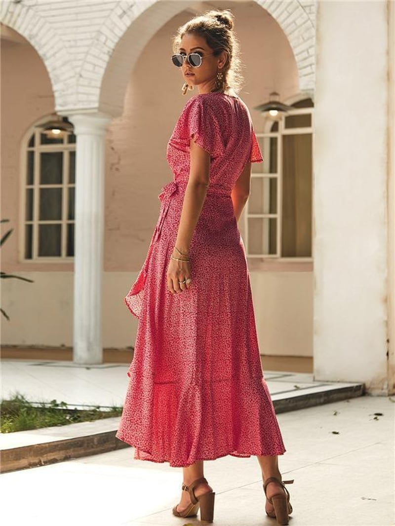Casual Floral V Neck Short Sleeve Asymmetrical Long Dress
