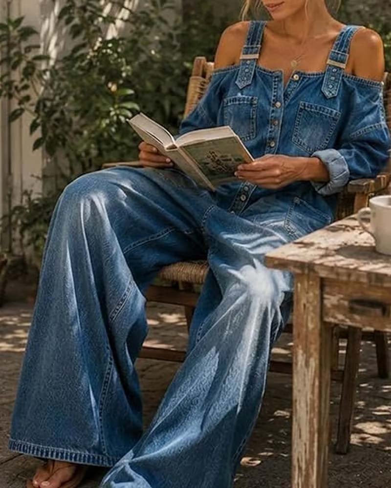 Spaghetti Strap Cold Shoulder Wide-Leg Denim Jumpsuit
