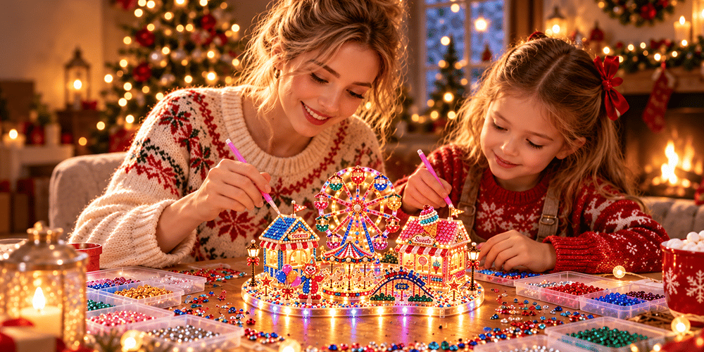 A mother and daughter placing colorful gems on a glowing Christmas carnival scene