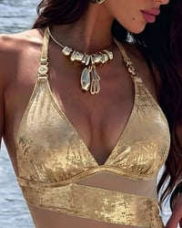 Color Block Halter Design One Piece