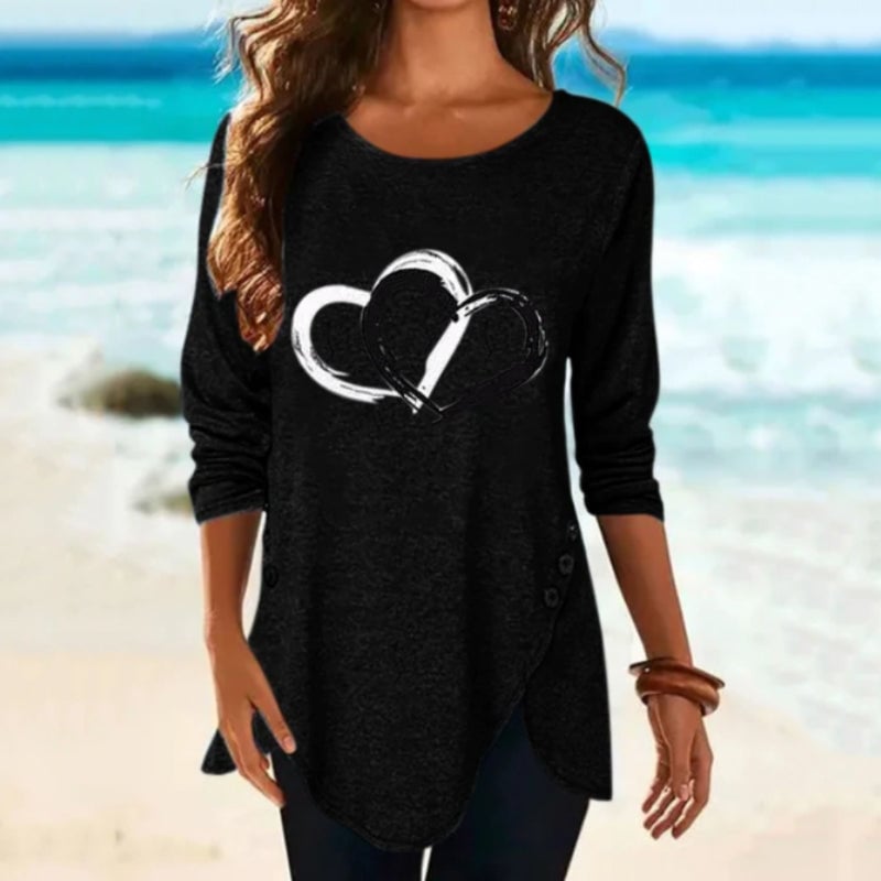 Women's Heart Print Irregular Long Sleeve T-shirt