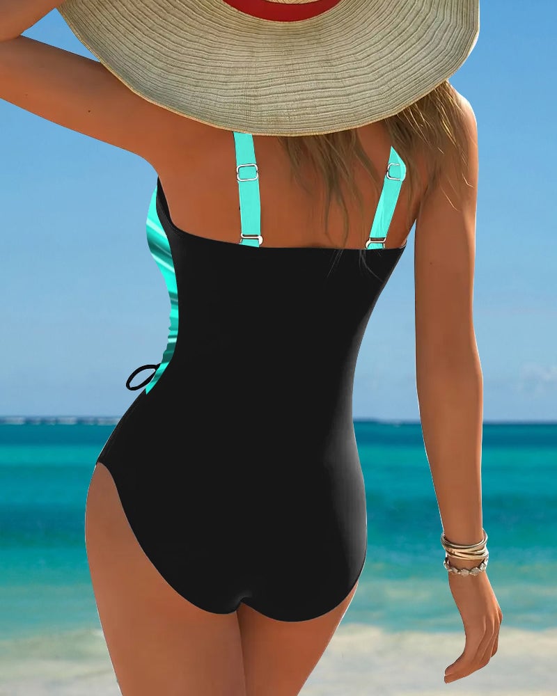 One-Piece Contrast Color Lace-Up Swimsuit