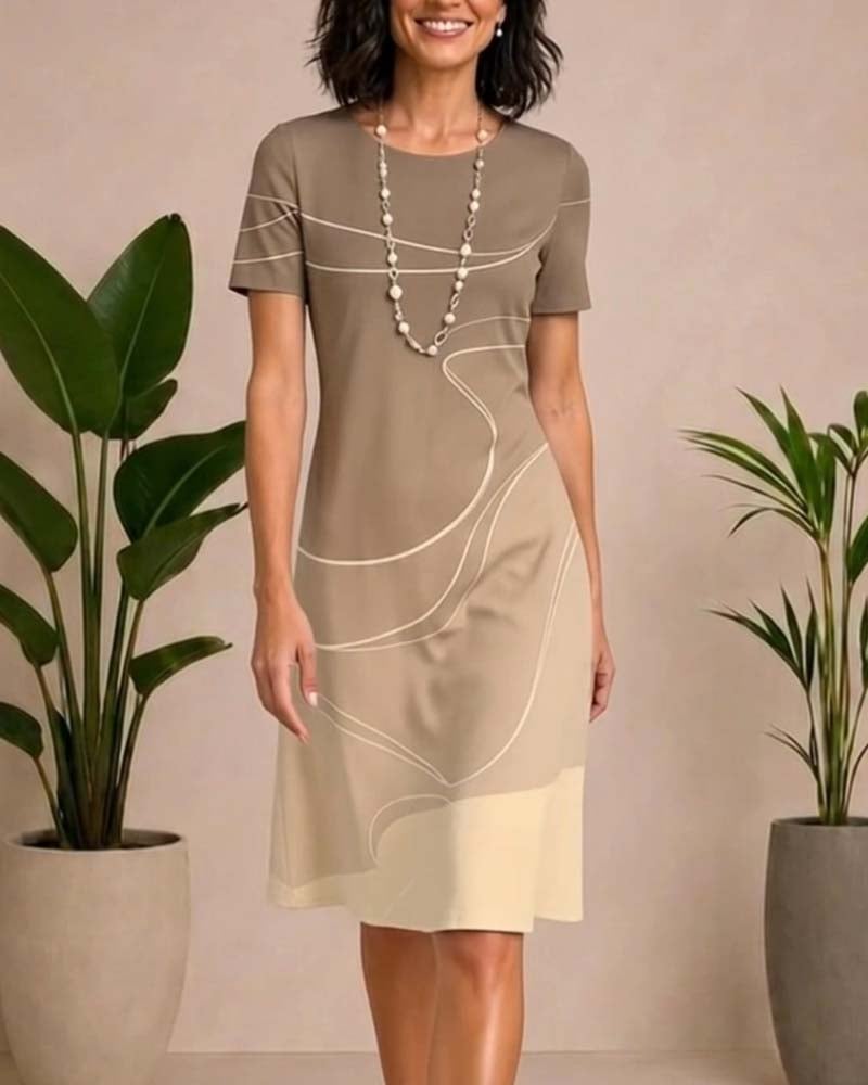 Round Neck Line Print Contrasting A-Line Dress