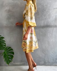 Lantern Sleeve Notched Collar Printed Dress