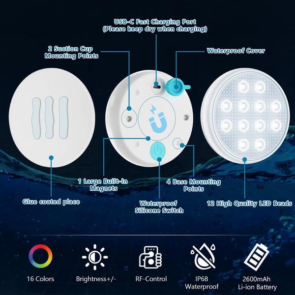 2/4 PCS - Ultra-High Brightness Rechargeable Submersible LED Lights with Remote