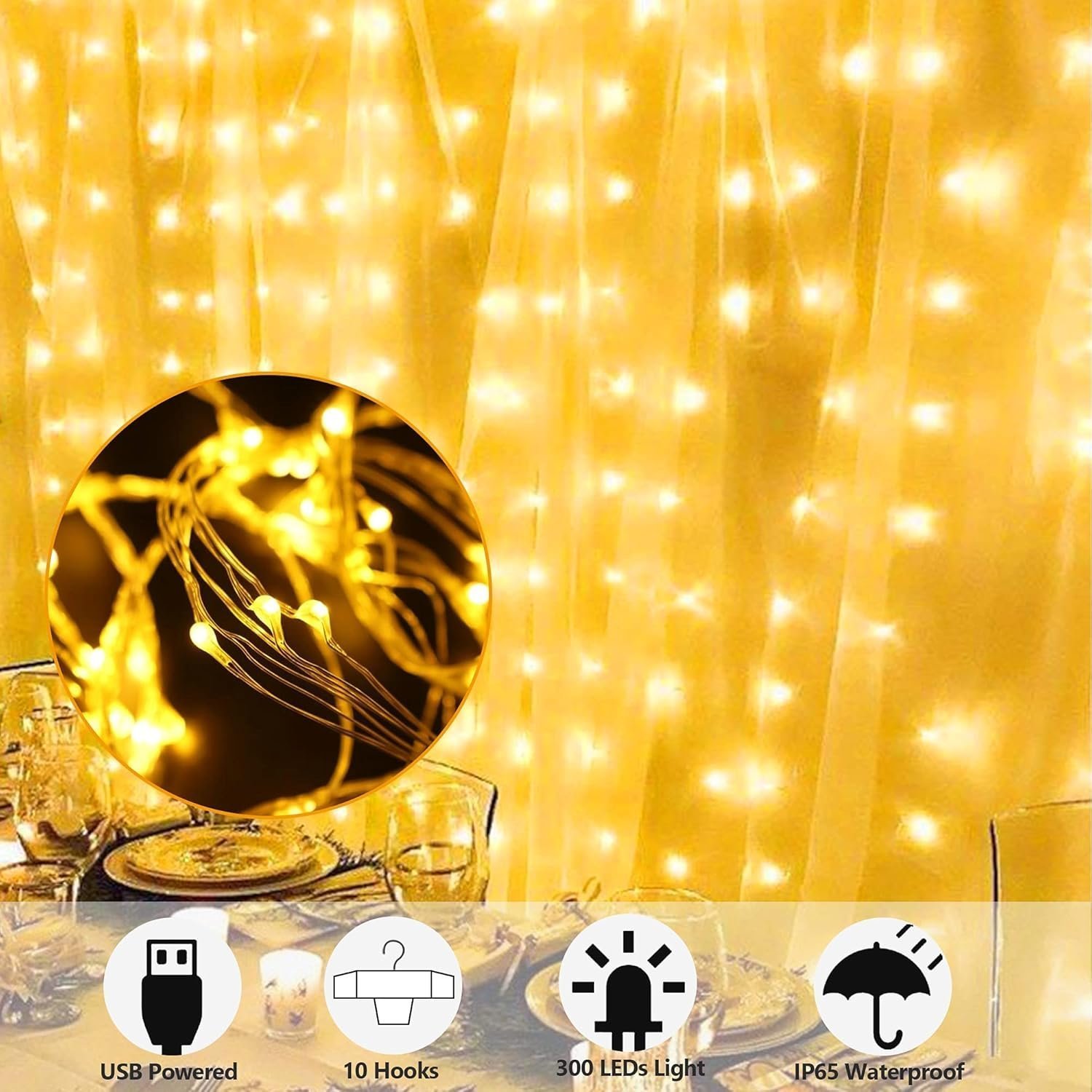 Sakerplus LED Copper String Curtain Lights with USB Remote
