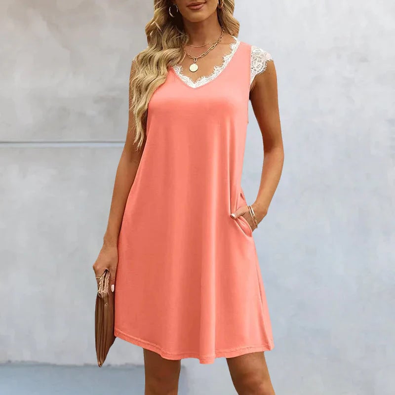 Summer Sleeveless V Neck Casual Lace Dresses with Pockets