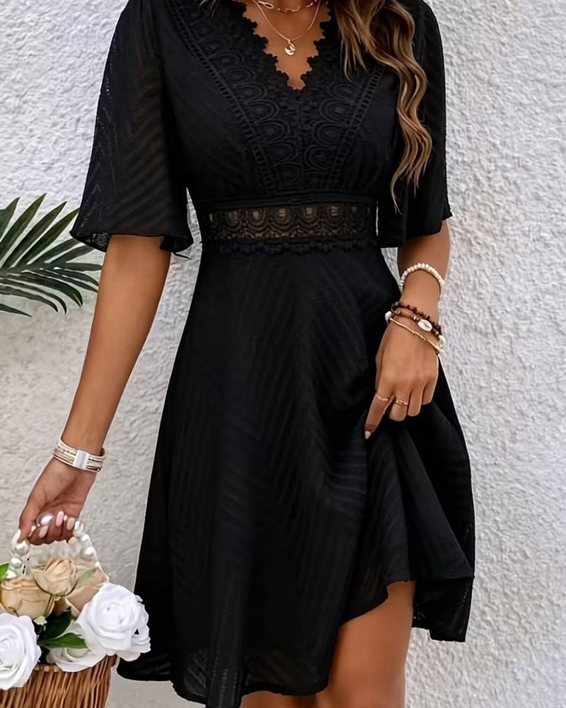 V-Neck Lace Patchwork Cutout Dress