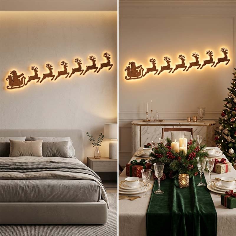 Christmas wall lights arranged across an indoor wall