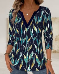 Casual Leaf Print V-Neck T-Shirt