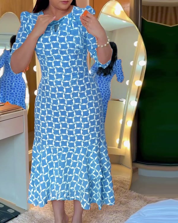 Robe Manches Mi-longues Col Rond Imprimé Taille