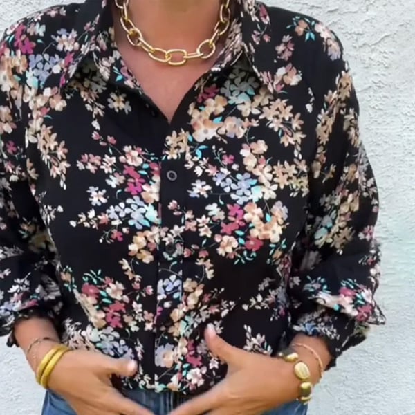Blouse avec des Détails de Boutons Rétro et des Petits Motifs Floraux