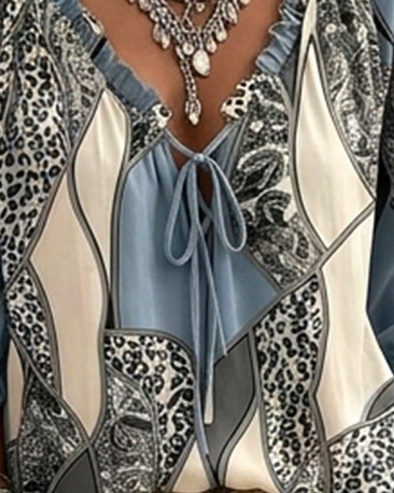 V-Neck Leopard Puff Sleeve Tie Blouse