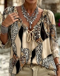 V-Neck Leopard Puff Sleeve Tie Blouse