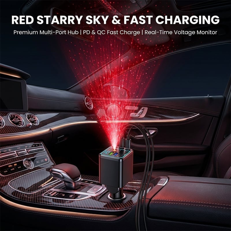 7-in-1 Universal Retractable Car Charger with Intelligent Voltage Display and Starry Sky Light
