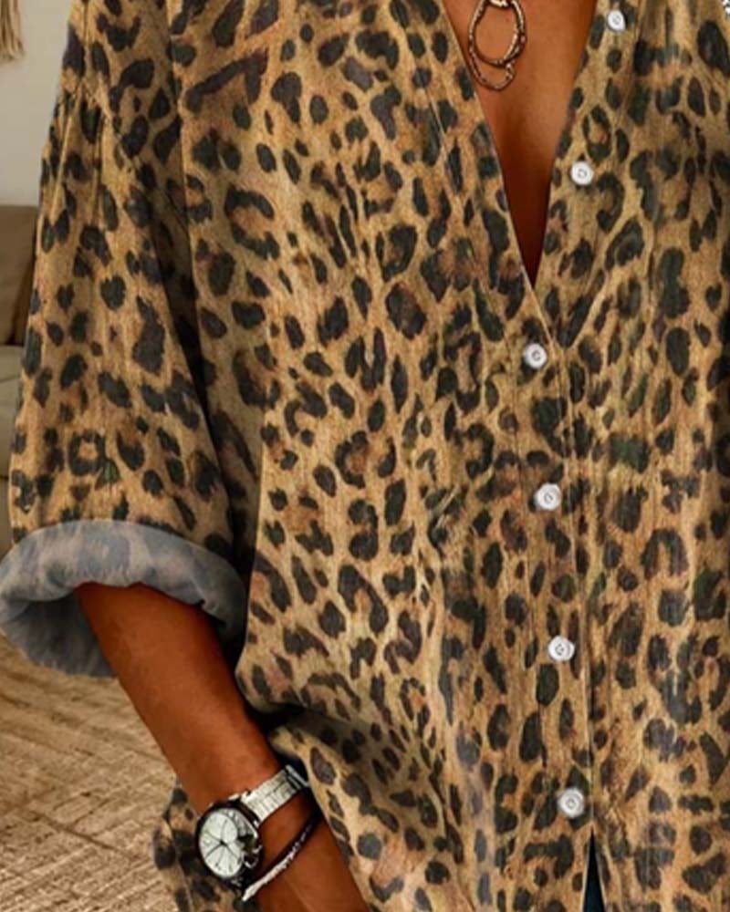 Skjorta V-Hals Knapp Leopard Lång Ärm