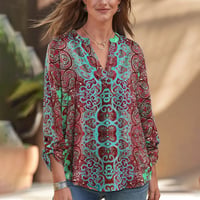 Women's Casual Boho Print V Neck Long Sleeve T-Shirt