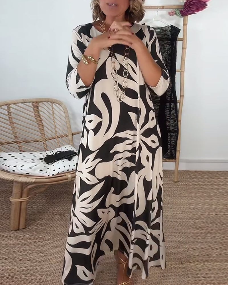 Robe À Col Rond Et Manches Longues Imprimée