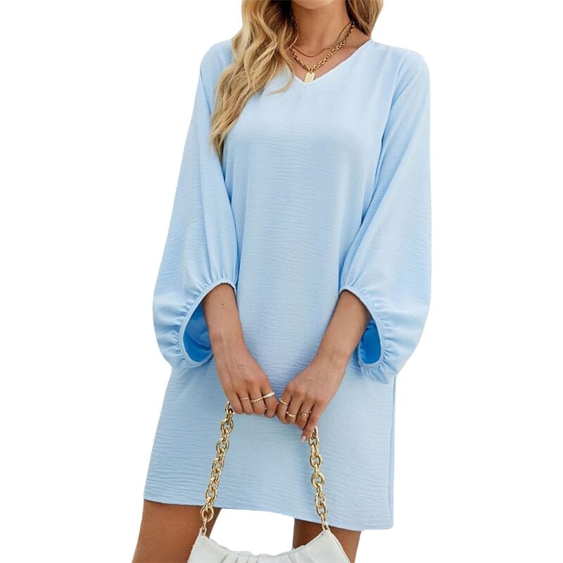 Solid Color V-Neck Puff Sleeve Loose Dress