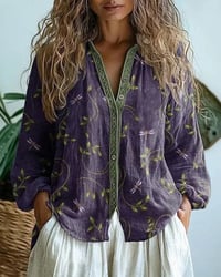 Dragonfly Embroidery V-Neck Blouse