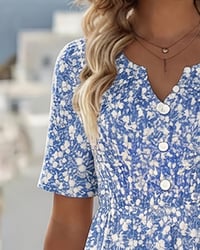V-Neck Short-Sleeved Floral Dress