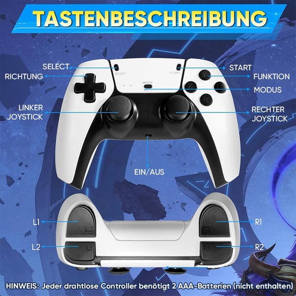 Retro-Spielkonsole mit zwei drahtlosen Controllern