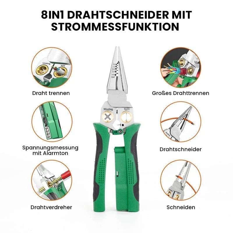 8-in-1 Schwerlast-Drahtabisolierzange mit Spannungsprüfer