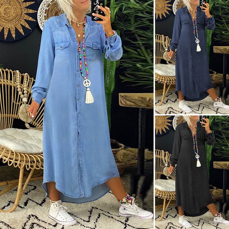 Enfärgad långärmad denimklänning för kvinnor