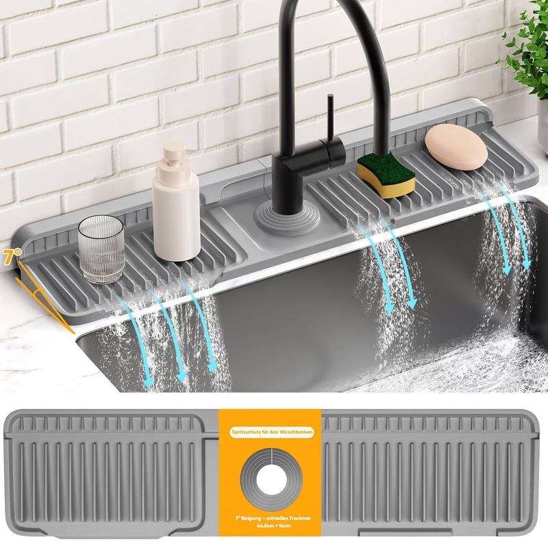 Abgewinkelte Spritzschutz-Matte für den Wasserhahn