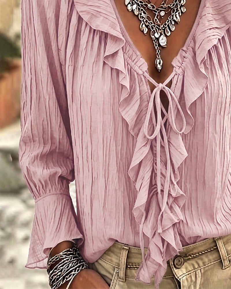 Ruffle Trim Lace-Up Long Sleeve Blouse