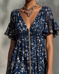 Floral V-Neck Zip Lace Dress