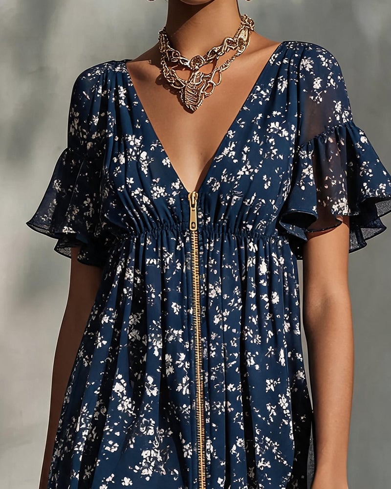 Floral V-Neck Zip Lace Dress