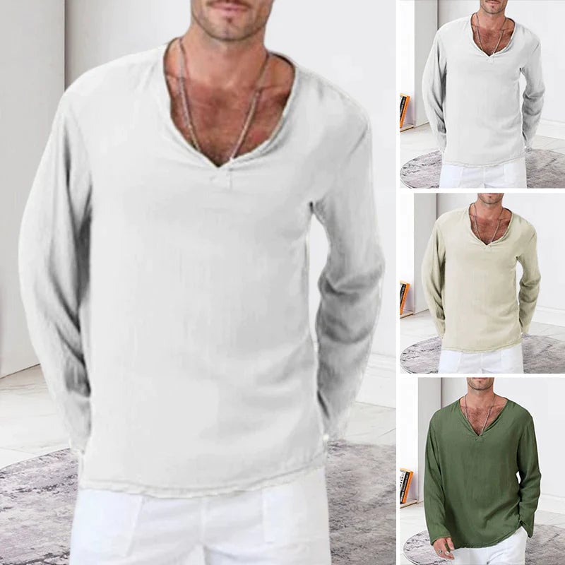 Men's Linen Loose Long Sleeve T-Shirt V-neck Solid Color Top