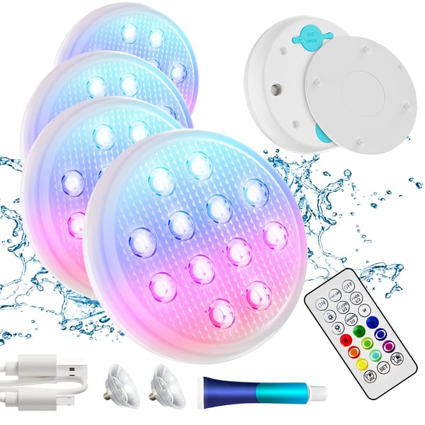 2/4 PCS - Ultra-High Brightness Rechargeable Submersible LED Lights with Remote