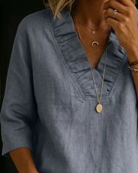 100% Cotton Ruffle V-Neck Three-Quarter Sleeve Blouse