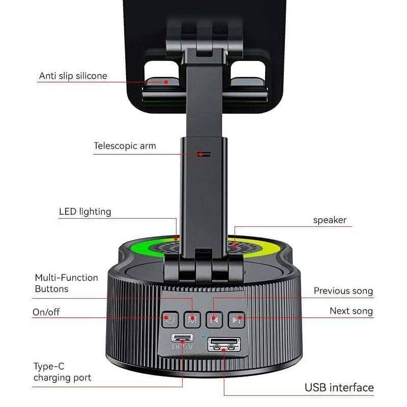 360° Adjustable Phone Stand with Built-in Bluetooth Speaker