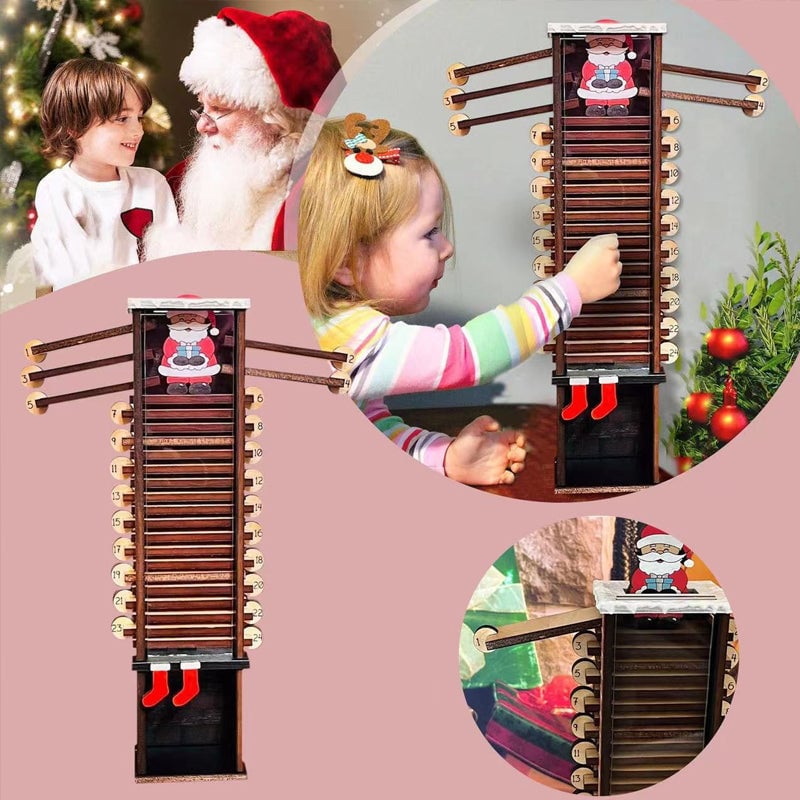 De kerstman komt door de aftelkalender voor de schoorsteen