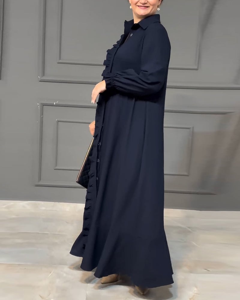 Lantern sleeve button ruffle shirt dress