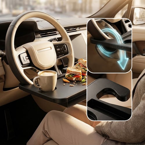 Car steering wheel meal tray with food area and cup holder