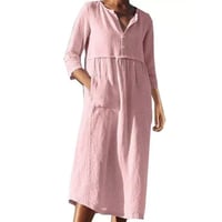 Cotton Linen Solid Color Long Dress with Pockets