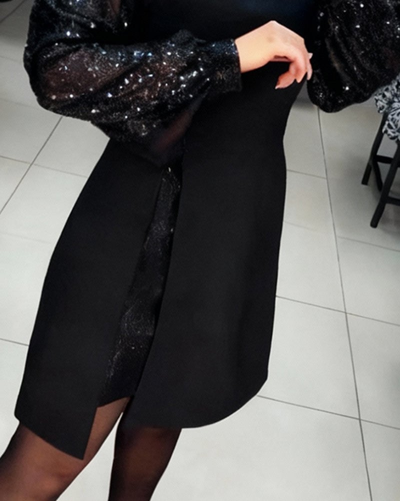 Elegante Jurk Met Pofmouwen En Patchworkdetails