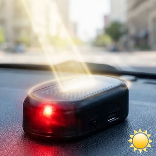 Solar powered car security warning light charging in sunlight