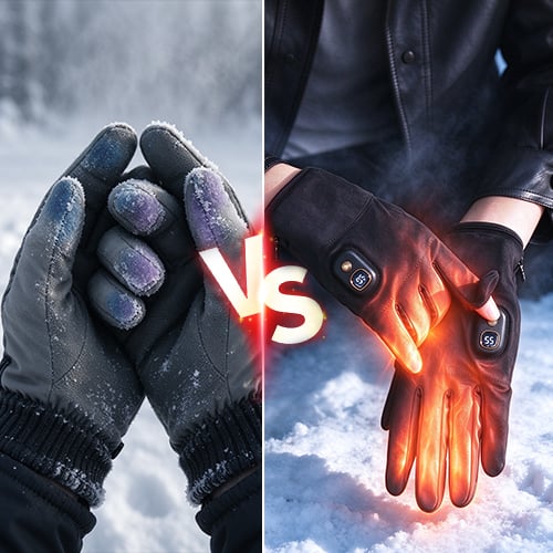 Illustration comparing ordinary winter gloves with the internal heating of electric gloves